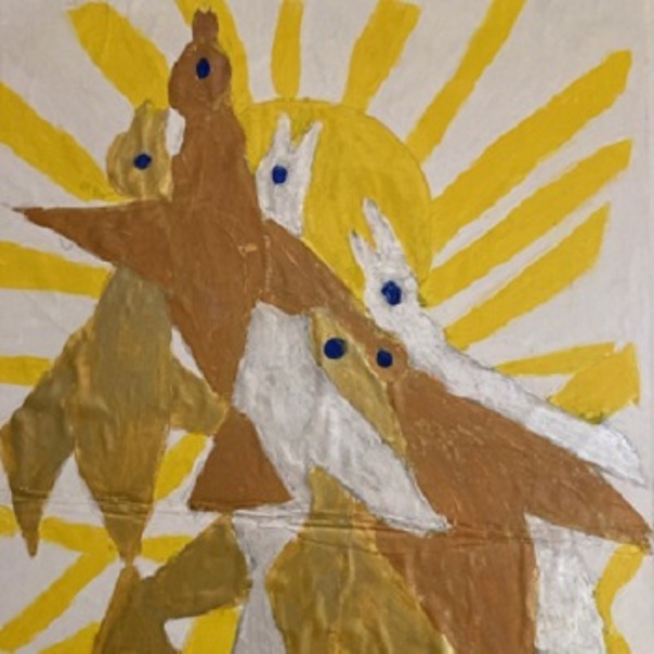 Vögel im Licht / Werner Miksch Bild Sonne im Hintergrund darüber nach oben fliegende Vögel in gold und braun